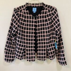 CeCe Tweed Frayed Lined Jacket Sz 14 Womens Black Pink NEW